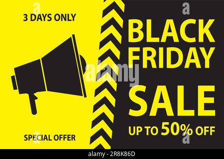 Hintergrund für Black friday Sale. Webbanner-Vorlage mit Lautsprecher und Text. Schwarzes und gelbes Poster. Vektordarstellung Stock Vektor