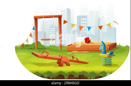 Cartoon-Stil Illusion von Kinderspielplatz im Freien mit Schaukeln, Rutschen und Sandgrube. Stock Vektor