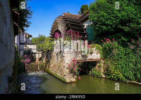 Altes stillgelegtes Rad der Moulin Bichat („Bichat Wassermühle“) am Grand Morin in Crécy la Chapelle, einem Dorf von seine et Marne in der Region Paris Stockfoto