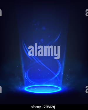 sci-fi-Abbildung. Technischer Hintergrund. Spiralförmig leuchtendes blaues Portal, Hologrammeffekt. Stock Vektor