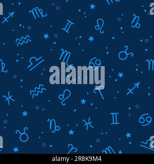 Nahtloses Muster von Zodiakzeichen und Sternen auf dunkelblauem Hintergrund. Vektordarstellung in flacher Form Stock Vektor