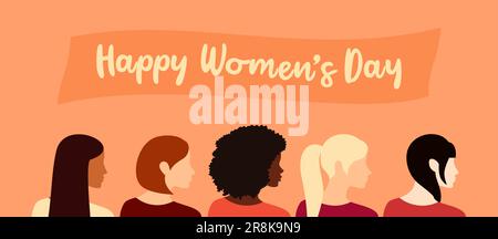 Seitenansicht von fünf Frauen verschiedener Nationalitäten, die zusammenstehen. Grußbanner zum Internationalen Frauentag. Abbildung eines flachen Vektors Stock Vektor