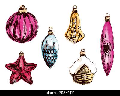 Digitales Aquarell Neujahr Weihnachtsbaum Glas Spielzeugset: Ball, Stern, Zapfen, Glocke, Haus, Iicle isolierte Skizzenvektorliniendiagramme. Stock Vektor