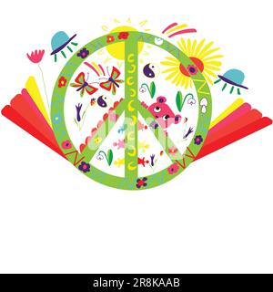 Farbenfrohes psychedelisches Peace-Logo auf Textilien, Papier und Flaggen; grünes Symbol mit Halbkreisen, Blumen, Schmetterlingen, ufo und der Sonne Stock Vektor