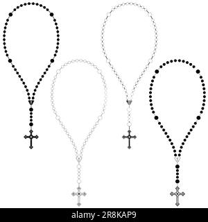 Vektordesign des Rosenkranzes mit christlichem Kreuz, Symbol der katholischen Religion Stock Vektor