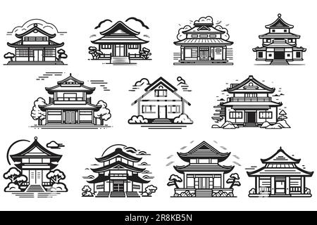 Handgezeichnetes minimalistisches japanisches Hauslogo im flachen Stil, isoliert auf dem Hintergrund Stock Vektor