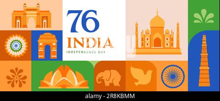 Indiens Unabhängigkeitstag, Banner, Poster und Grußkarte. Logo Für Den Unabhängigkeitstag Zum 76. Jubiläum Stock Vektor