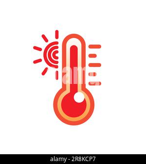 Einfaches klassisches, rotes Thermometer-Temperatursymbol mit Sonneneinstrahlung, kleiner Glasumriss, Silhouettenvektor isoliert auf weißem Hintergrund Stock Vektor