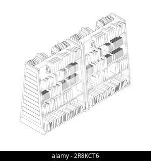Vektor des Regal-Hintergrunds der Bibliothek. Modell eines Bücherregals mit leeren Büchern. Umrissbücher auf den Regalen sind einfach Retro-Vektorgrafiken. Line-dra Stock Vektor
