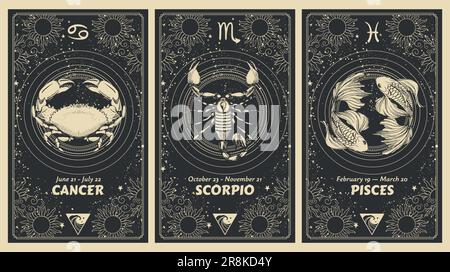 Zodiac-Zeichen Krebs, Skorpion, Fische, Wasserelement, mystische Astrologie Kartenset, Horoskop-Banner mit realistischem Muster auf schwarzem Hintergrund für Stor Stock Vektor