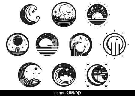 Handgezeichnetes Vintage-Moon-Logo im flachen Stil, isoliert auf dem Hintergrund Stock Vektor