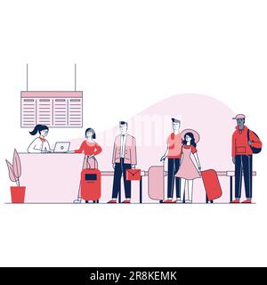 Reisende am Flughafen warten in der Schlange für den Check-in Stock Vektor