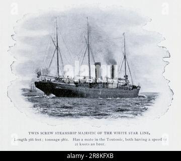 White Star Line, Doppel-Schrauben-Dampfschiff, majestätische Länge 566 Fuß Tonnage 9861 Geschwindigkeit 21 Knoten aus dem Artikel The Great Modern Transatlantic Steamships von Samuel ward Stanton vom Engineering Magazine, DAS DEM INDUSTRIELLEN FORTSCHRITT GEWIDMET ist Band X Oktober 1896 NEW YORK The Engineering Magazine Co Stockfoto