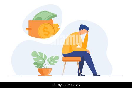 Deprimierter, trauriger Mann, der über finanzielle Probleme nachdenkt Stock Vektor