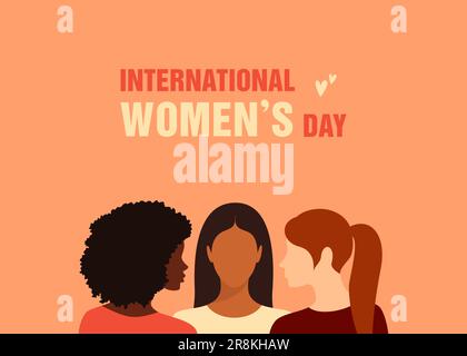 Drei Frauen verschiedener Nationalitäten, die zusammenstehen. Internationaler Frauentag Stock Vektor