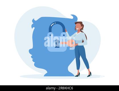 Das kindliche psychische Gesundheitskonzept. Vektor einer Psychologin, die psychische Probleme eines Jungen löst, der einen Schlüssel zu seinem Verstand hat Stock Vektor