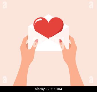Weibliche Hände halten einen offenen Umschlag mit einem großen roten Herzen auf beigefarbenem Hintergrund. Abbildung eines flachen Vektors Stock Vektor
