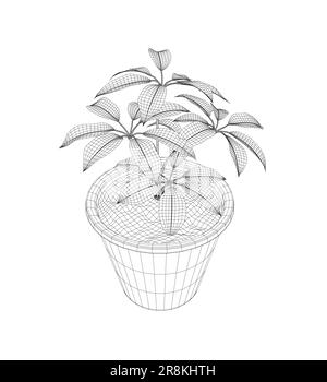 Pflanze in Blumentopf Drahtmodell. Drahtmodellversion der Linie, Umriss und gefülltes Vektorzeichen. Hauspflanzensymbol. Blumen in Töpfen mit schwarzer Linie auf einem weißen Streifen Stock Vektor