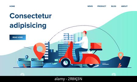 Abbildung des Kuriertransports mit Moped-Flachvektor Stock Vektor