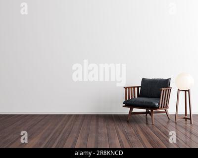 Ein schwarzer Stuhl in einem leeren Raum mit Holzfußleuchte, realistischer Beleuchtung und weißem Hintergrund. Dekoriertes Hausmodell mit freiem Platz, 3D Abbildung Stockfoto