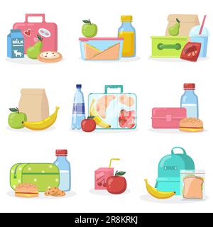 Lunchboxen für die Schule mit Snacks, flaches Symbolset Stock Vektor