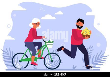 Glückliche alte Frau, die Fahrrad fährt Stock Vektor