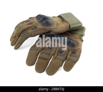 Taktische Handschuhe auf weißem Hintergrund. Militärische Trainingsausrüstung Stockfoto