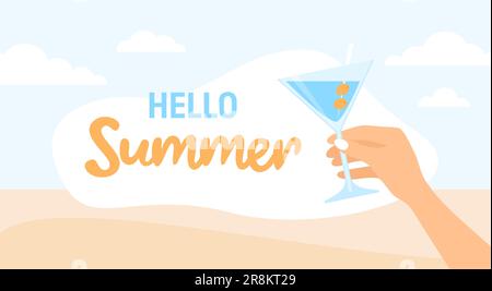 Hand mit Cocktail und SMS Hallo Sommer am Strand Hintergrund. Abbildung eines flachen Vektors Stock Vektor