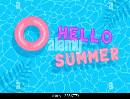 Hallo Sommer. Swimmingpool mit pinkfarbenen und lila schwimmenden aufblasbaren Buchstaben und Kreis. Draufsicht Stock Vektor