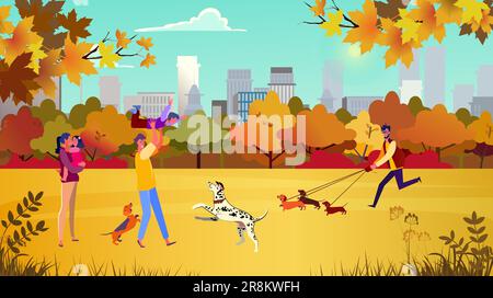 Die Leute gehen Hunde im Herbstpark spazieren Stock Vektor