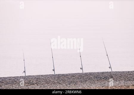 Eine Reihe von Angelruten an einer Seeküste. Erholungs- und Sportkonzept Stockfoto