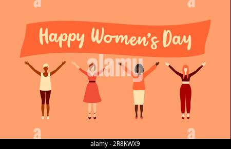 Frauen verschiedener Nationalitäten stehen zusammen mit einem langen Poster. Internationaler Frauentag. Abbildung eines flachen Vektors Stock Vektor
