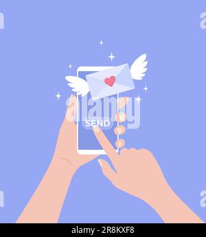 Hände halten Mobiltelefon mit fliegenden Flügelumschlägen auf violettem Hintergrund. Einen Liebesbrief oder eine Liebesbotschaft zu senden. Vektordarstellung in flacher Form Stock Vektor