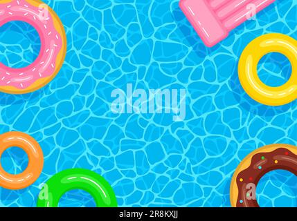 Hintergrund für den Sommerpool mit Kopierbereich. Farbenfrohe aufblasbare Kreise und Matratze, die auf der Wasseroberfläche schweben. Vektordarstellung in flacher Form Stock Vektor