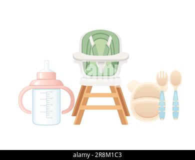 Set mit Artikeln für Babystuhl Milchflasche und Besteck Vektordarstellung isoliert auf weißem Hintergrund Stock Vektor