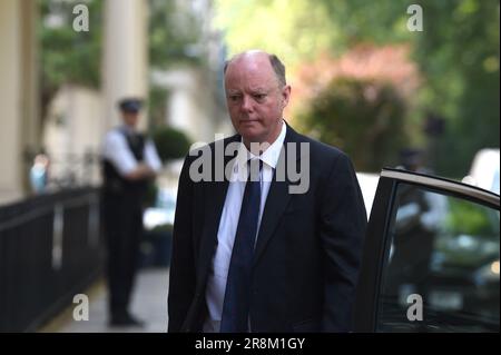 London, Großbritannien. 22. Juni 2023. Sir Chris Whitty, Chief Medical Officer der britischen Regierung während der COVID-19-Pandemie, trifft bei der britischen Covid-19-Untersuchung ein, bei der es sich um eine unabhängige öffentliche Untersuchung der Reaktion des Vereinigten Königreichs auf die COVID-19-Pandemie und ihrer Auswirkungen handelt. Und um Lehren für die Zukunft zu lernen, die im Dorland House in West London stattfinden. Kredit: MARTIN DALTON/Alamy Live News Stockfoto