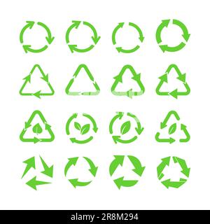 Grüne Eco Recycling-Pfeile flache Symbolgruppe Stock Vektor