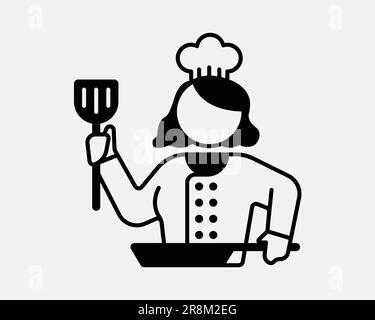 Weibliche Küchenchefin. Lady Woman Girl Cook Kitchen Cartoon Character Restaurant. Schwarzes weißes Schild Illustration Grafik Clipart EPS-Vektor Stock Vektor