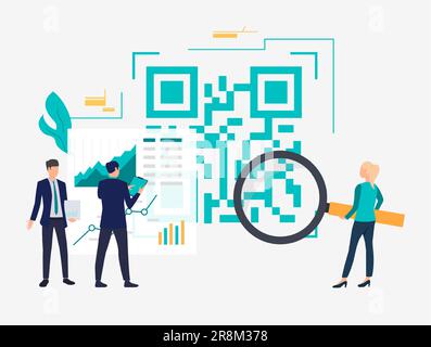 Geschäftsleute analysieren Finanzdaten und Big-QR-Code Stock Vektor