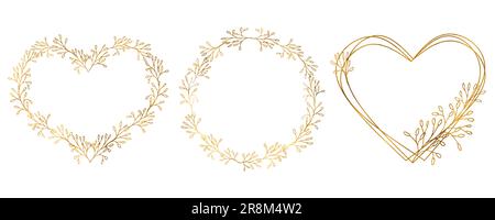 Herz-Blumen- und kreisförmiges goldenes Kranz-Set. Goldener Blumenkranz. Vektorelement Mit Blumendesign Stock Vektor