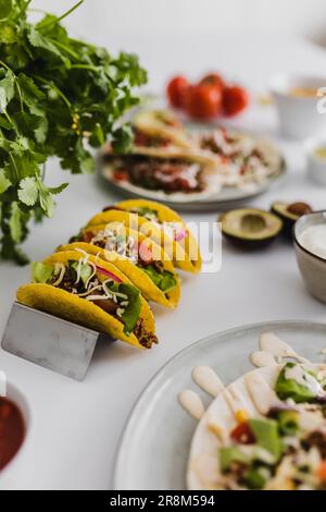 Gesundes Festmahl mit verschiedenen mexikanischen Speisen Stockfoto