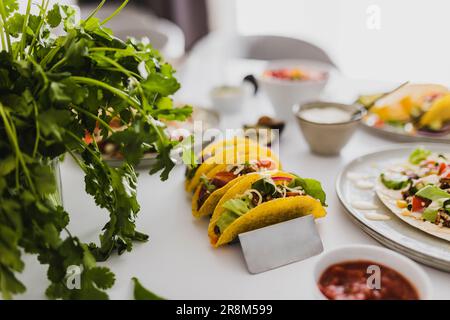 Gesundes Festmahl mit verschiedenen mexikanischen Speisen Stockfoto