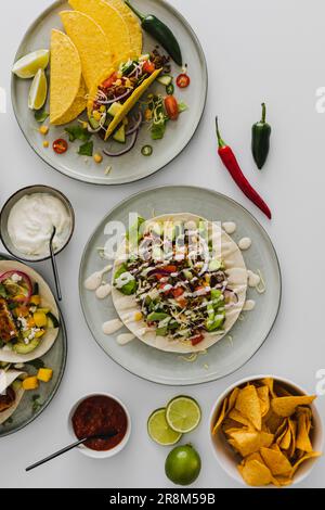 Gesundes Festmahl mit verschiedenen mexikanischen Speisen Stockfoto