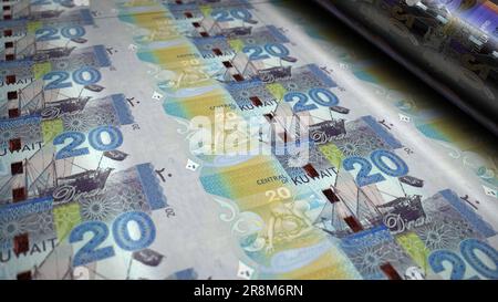 Kuwait Dinar Money Printing 3D Illustration. 20 KWD-Banknotendruck. Finanzkonzept, Bargeld, Wirtschaftskrise, Geschäftserfolg, Rezession, bank, Steuer Stockfoto