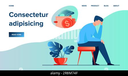 Deprimierter, trauriger Mann, der über finanzielle Probleme nachdenkt Stock Vektor