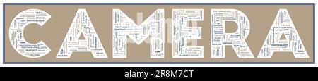 KAMERATEXT gefüllt mit zugehörigen Schlüsselwörtern verschiedener Größen. Kamera-Wörterwolke. Attraktive Vektordarstellung. Stock Vektor