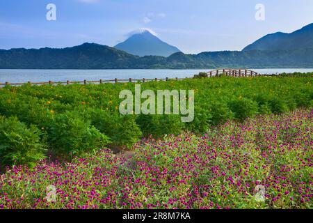 Ikeda-See und Kaimondake-Berg Stockfoto