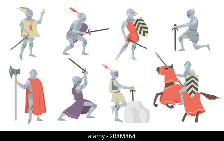 Verschiedene mittelalterliche Ritter flacher Ikonensatz Stock Vektor