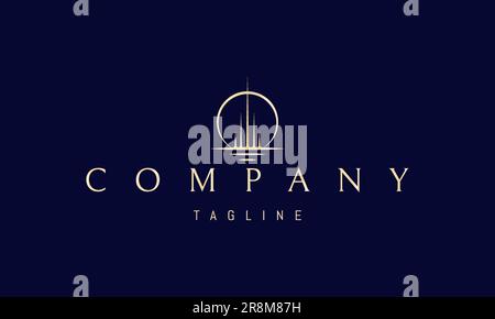 Goldenes Vector-Logo, auf dem ein abstraktes Bild einer Stadt-Fata Morgana am Horizont zu sehen ist. Stock Vektor