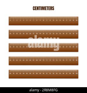 Realistische verschiedene Holzlineale mit Messskala und Teilungen messen Markierungen. Schullineal, Zentimeter- und Zoll-Skala für Längenmessungen Stock Vektor